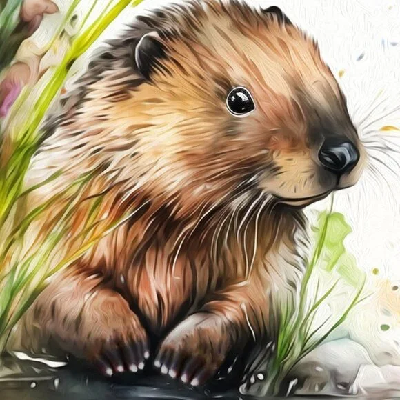 16x20 Beaver in Pond with Flowers Watercolor Oil‎ Painting Wall Art Print - Picture 2 of 5